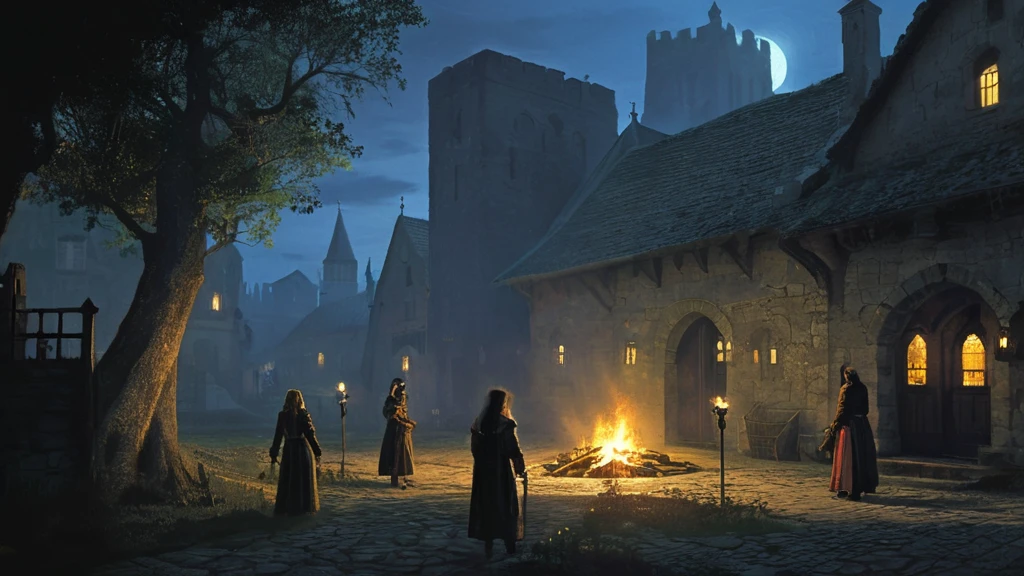 quiet medieval city at night, illuminated by the pale light of a full moon. The scene should feature several inhabitants: a blacksmith working late at his forge with sparks flying, an elderly woman gathering herbs by the light of a flickering lantern, and a cloaked figure moving stealthily through the narrow, cobblestone streets. Nearby, a group of children whisper excitedly around a small bonfire, casting long, dancing shadows on the ancient stone buildings. The city is enclosed by towering stone walls, with a dense, ominous forest visible in the distance, hinting at dark creatures lurking within. The architecture should be detailed, with ivy-covered walls, arched doorways, and gothic spires enhancing the dark fantasy atmosphere."