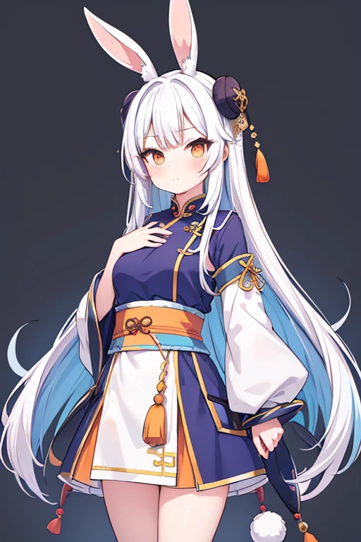 work of art, best qualityer, 1 beautiful girl, animal ears, standing alone, hair blue, multicolored hair, bunny ears, two tone hair, wart, White hair, Chinese clothing, trunk, simple background, eyes browns, orange eyes, wart under mouth, hand on own chin, LOOKING AT THE VISUALIZED