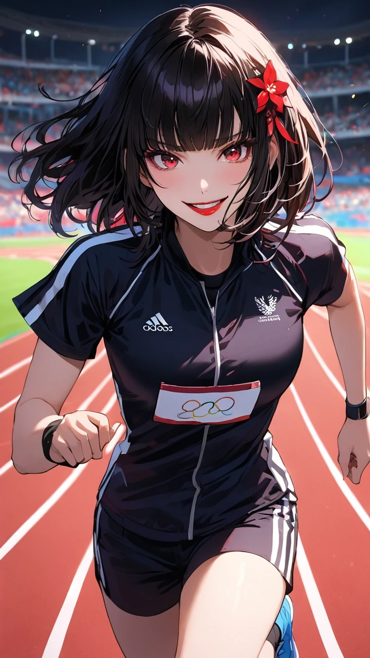 highest quality、masterpiece、1 girl, running track background、black hair :1.5、red eyes 、red lips, olympics uniform 、Black and white world、Black and white world、medium hair 、side blade,evil smile, blunt bangs , hair ornaments, 