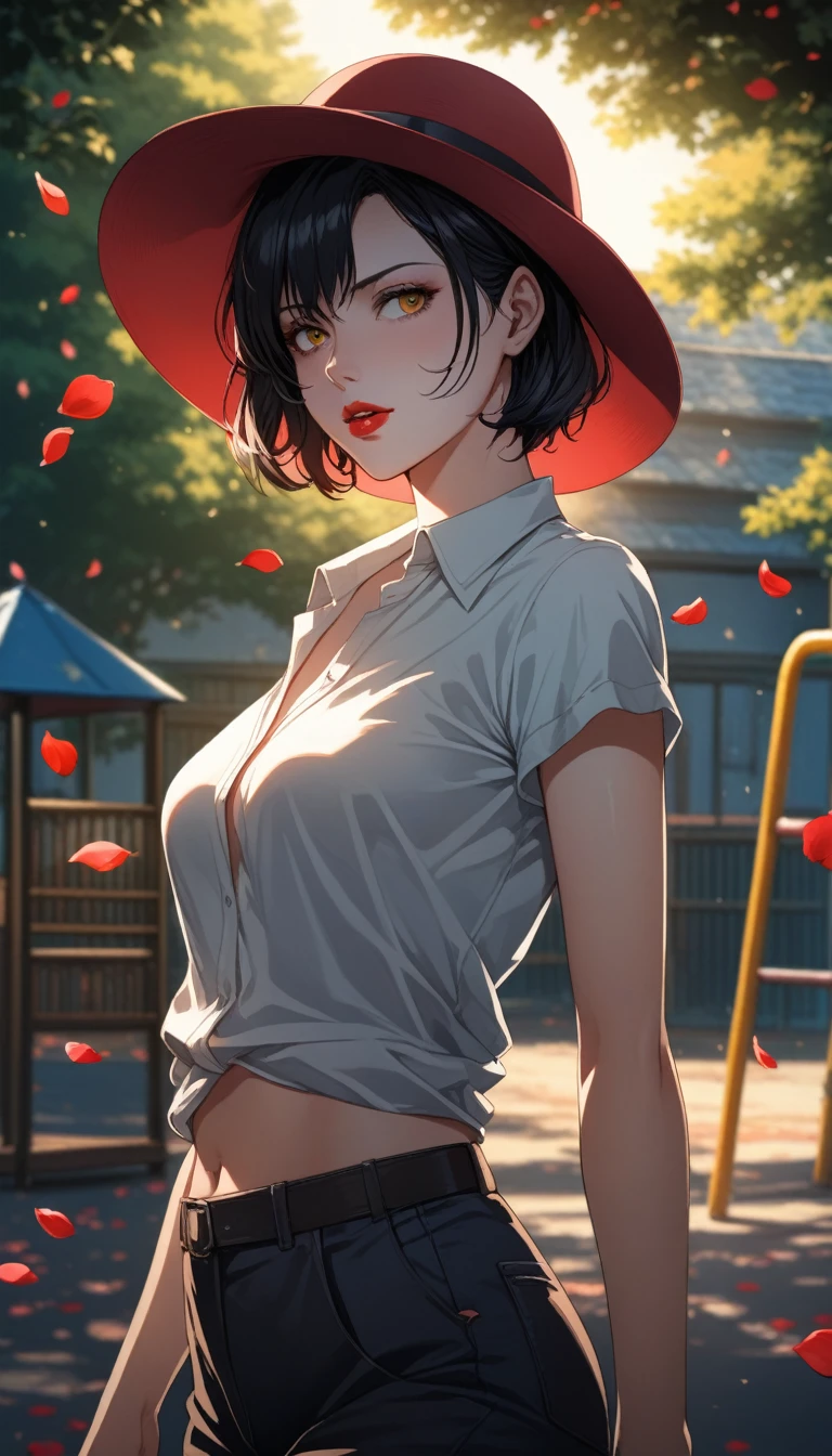 One girl, cowboy shot of beautiful There is, View Viewer, Red dress, Black Hair, blush, short hair, Sports Day Night, Volumetric lighting, highest quality, masterpiece, Intricate details, Tone Mapping, Sharp focus, Super detailed, Trending on Art Station, There is, Realistic