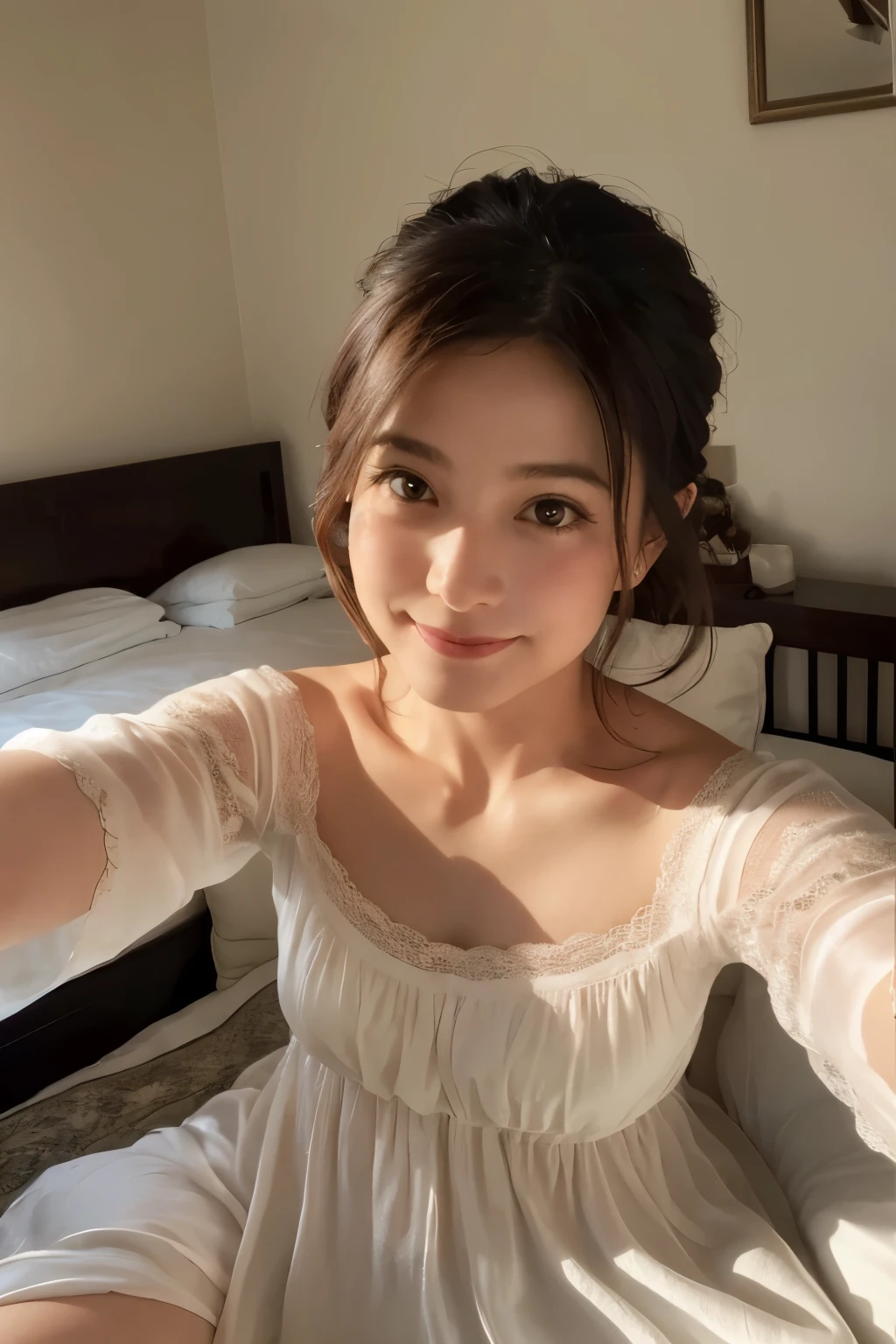 A woman, nestled in the plush, white linens of her hotel bed, captures a serene (selfie:1.8) just after waking up. She’s wearing a soft, silk nightgown, with the morning light filtering through sheer curtains behind her. Her expression is peaceful, with a subtle smile, embodying a relaxed start to the day. The opulent headboard and the fluffy pillows frame her, highlighting the luxury of her surroundings