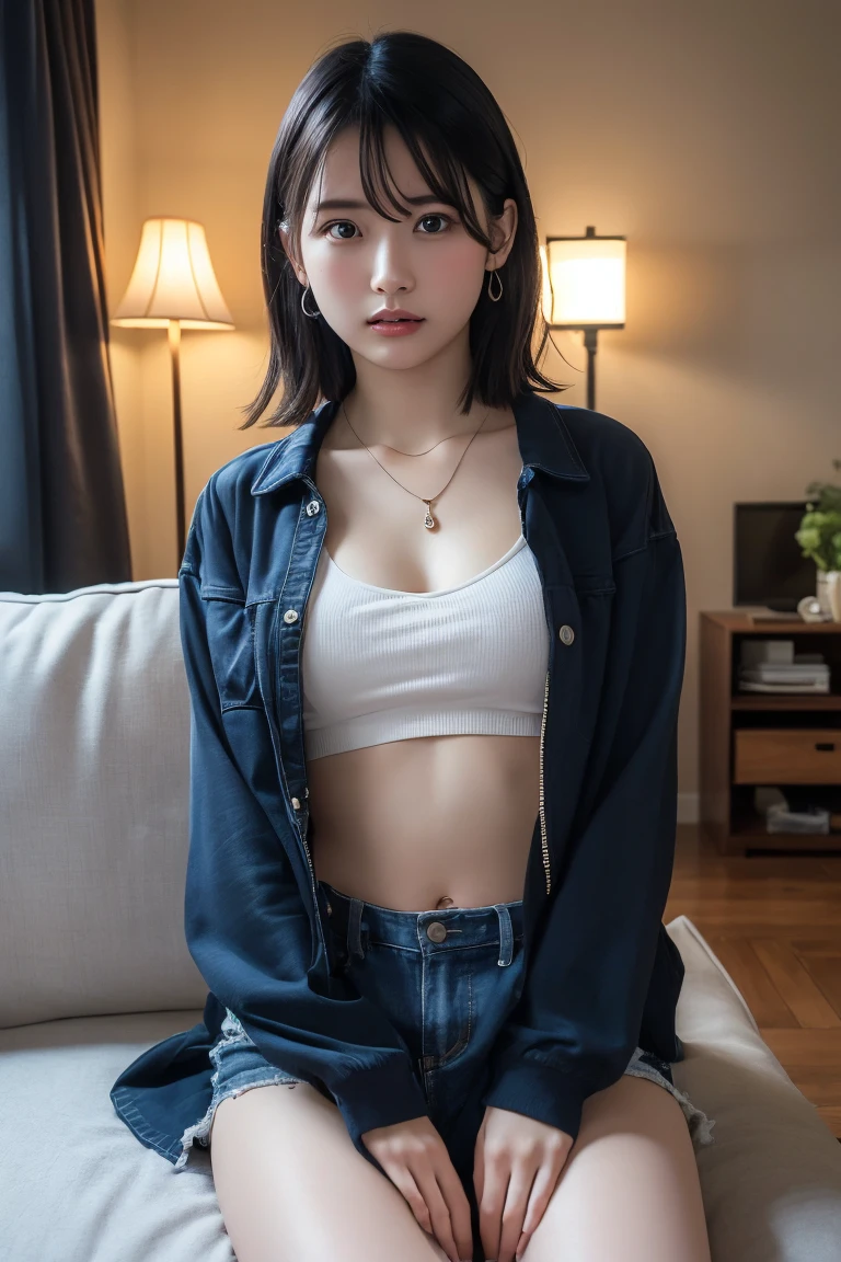 1 girl, downblouse, 15 years old, munechira, small breasts, small tits, sitting in a chair, looking away, Expressionless, shirt ,plus cute decolated detailed bra within , view from side, Upper body, classroom, necklace ,leaning forward