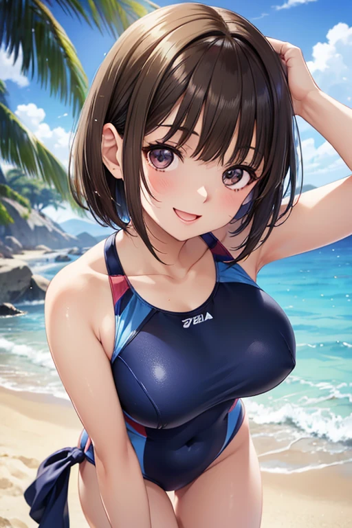 anegasaki nene、Shiny brown hair, short hair, (Beautiful brown eyes、Sparkling eyes, Fine grain)、smile、Ultra-detailed eyes、Highly detailed face, Highly detailed eyes,


((4K, 8k, Highest quality, Perfect Fingers:1.3, Perfect Anatomy:1.3, Blur the background)), 1 person,  Laughter, (Trichrome, One piece swimsuit), An angle that captures the whole body, White sand beach, smile, Open your mouth,