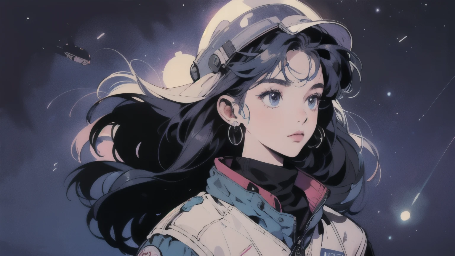 Create an image of a character with galaxy-themed hair, blending shades of blue, purple, and pink. The character should be wearing a sleek space suit with a transparent helmet. The background should be a starry sky with distant planets and nebulae. Include elements like floating asteroids and a spaceship in the distance to enhance the space theme.