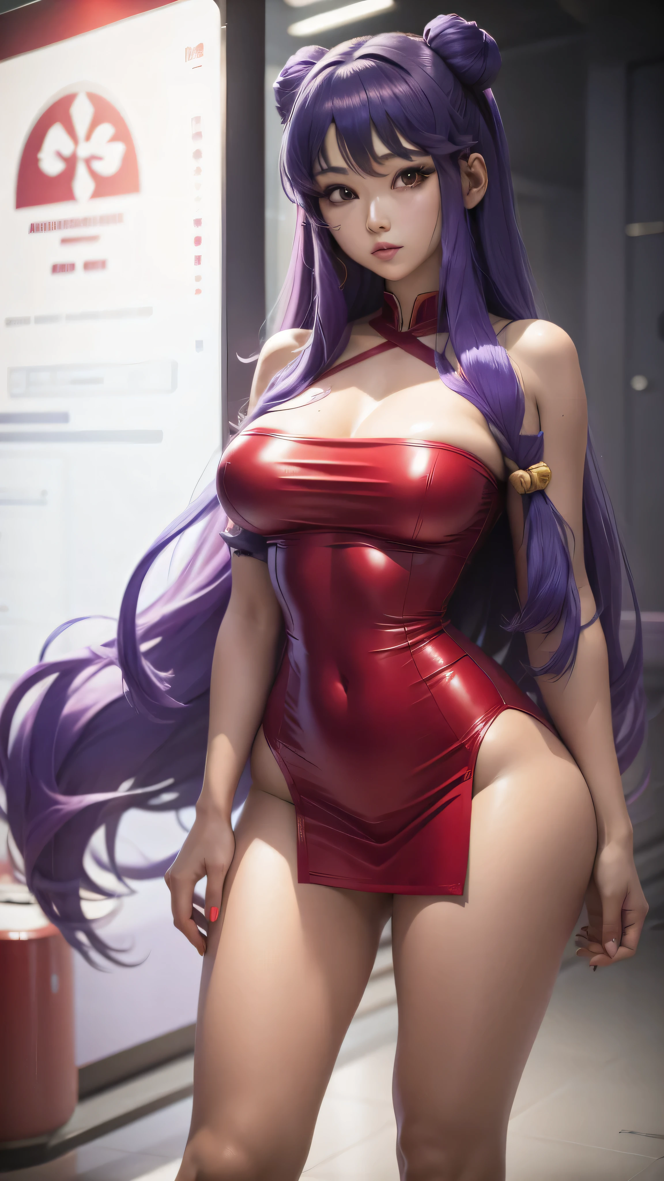 Shampoo beautiful in her red outfit asian with big breasts and big hips small waist full body purple hair very close to her screen 