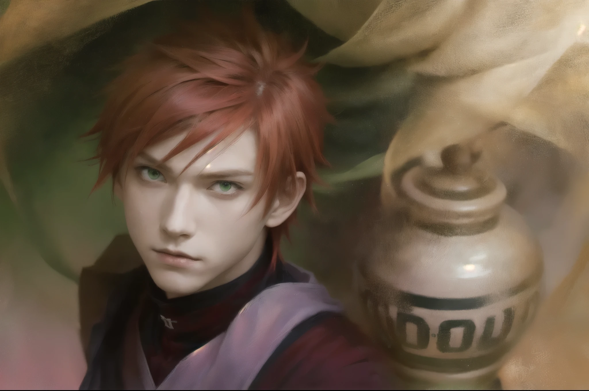 anime character with red hair and green eyes and a pot, joker as naruto, inspired by Kamisaka Sekka, gaara from naruto, garra from naruto, from naruto, realistic, realistic art style, anime realism style, male anime style, beautiful detailed glow, realistic