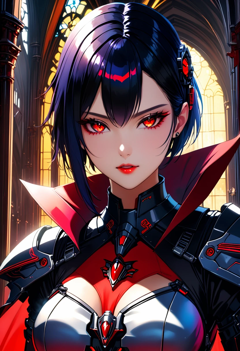 a portrait of mecha female vampire in a dark gothic cyberpunk church, an exotic exquisite beautiful mecha female vampire, dynamic hair color, short hair, dynamic eyes color, intense eyes, glowing eyes, dynamic eyes color, wearing intricate mech armor, delicate mech armor, delicate blood veins in the armor, wearing thigh high heeled boots, dark gothic cyberpunk church background, vibrant, Ultra-high resolution, High Contrast, (masterpiece:1.5), highest quality, Best aesthetics), best details, best quality, highres, 16k, (ultra detailed: 1.5), masterpiece, best quality, (extremely detailed) RAW, (ultra details, Masterpiece, best quality), Dark Art Painting Style, nijimecha