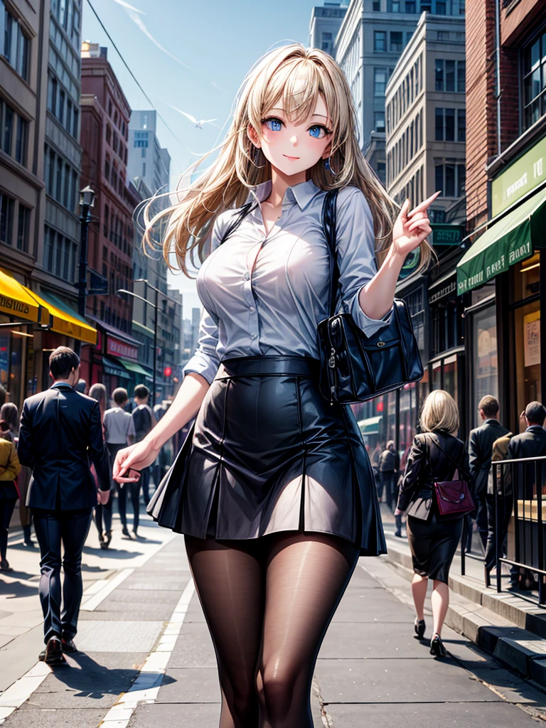 ((High resolution)), ((Lighting and color)), ((masterpiece)), ((Blue eyes)), Young woman with blue eyes., Straight blonde hair, The wind blew it away and it got a little messy., Standing lightly on a bustling city street. She wears a loose-fitting white business shirt that accentuates her natural elegance.。.., Pair with a black tight skirt for a business look。.. A business bag1I have one。.. She is in a delicate pose, A gentle, cute smile, Cute eyes, tilt your body slightly. Modern skyscrapers are mixed in the background.., Quaint café, Bustling pedestrians. The soft sunlight gently illuminates your face.., In the hustle and bustle of the city、Give off a warm glow、Emphasize your presence。."