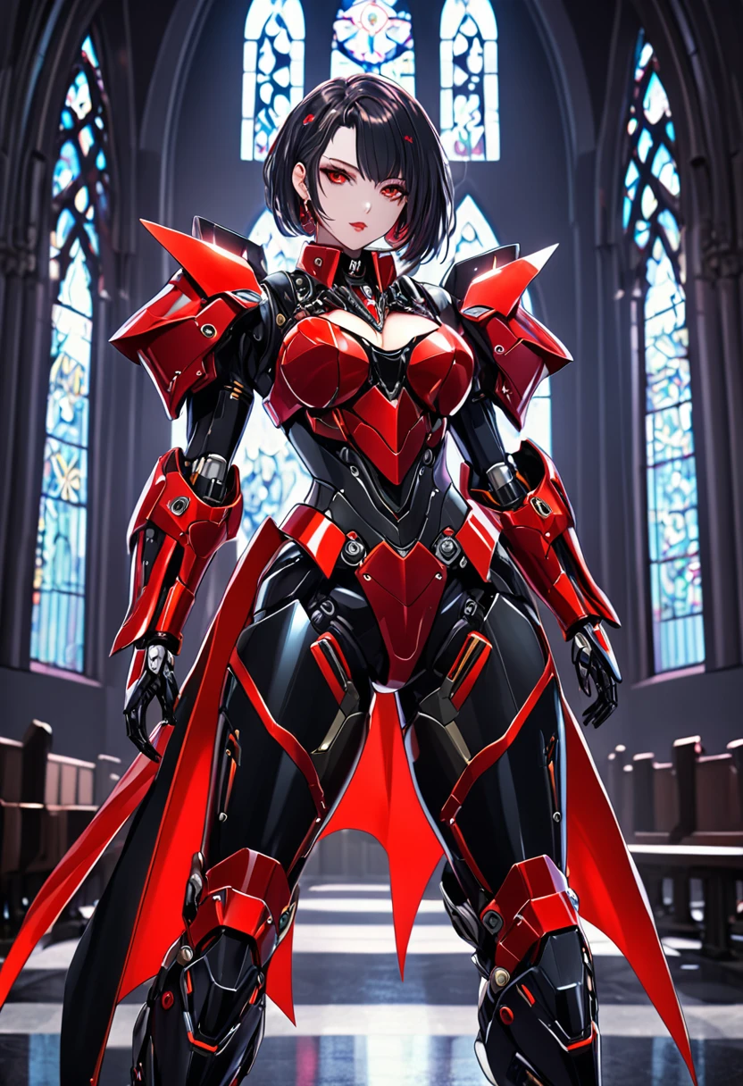 a portrait of mecha female vampire in a dark gothic cyberpunk church, an exotic exquisite beautiful mecha female vampire, dynamic hair color, short hair, dynamic eyes color, intense eyes, glowing eyes, dynamic eyes color, wearing intricate mech armor, delicate mech armor, delicate blood veins in the armor, wearing thigh high heeled boots, dark gothic cyberpunk church background, vibrant, Ultra-high resolution, High Contrast, (masterpiece:1.5), highest quality, Best aesthetics), best details, best quality, highres, 16k, (ultra detailed: 1.5), masterpiece, best quality, (extremely detailed) RAW, (ultra details, Masterpiece, best quality), Dark Art Painting Style, nijimecha