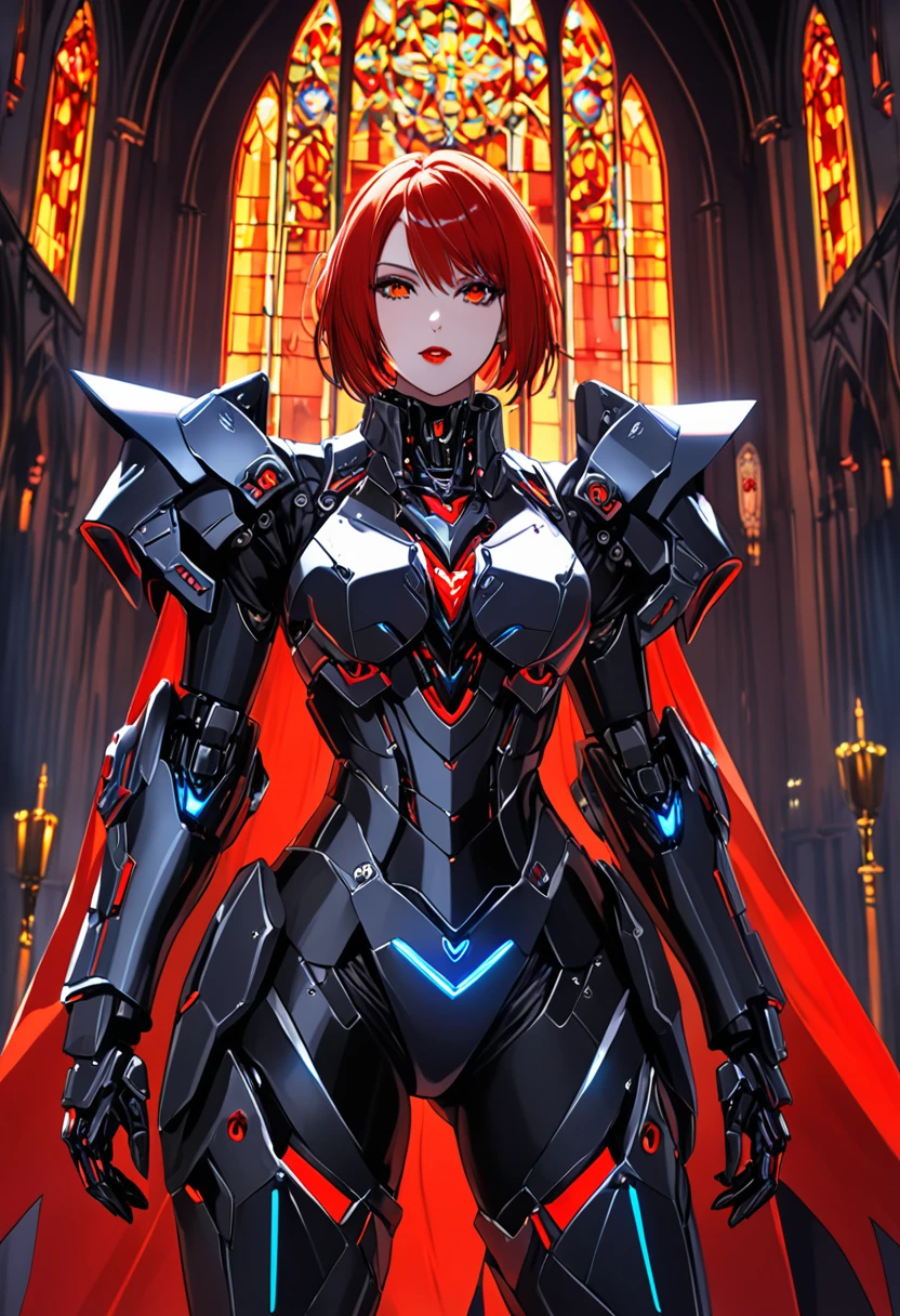 a portrait of mecha female vampire in a dark gothic cyberpunk church, an exotic exquisite beautiful mecha female vampire, dynamic hair color, short hair, dynamic eyes color, intense eyes, glowing eyes, dynamic eyes color, wearing intricate mech armor, delicate mech armor, delicate blood veins in the armor, wearing thigh high heeled boots, dark gothic cyberpunk church background, vibrant, Ultra-high resolution, High Contrast, (masterpiece:1.5), highest quality, Best aesthetics), best details, best quality, highres, 16k, (ultra detailed: 1.5), masterpiece, best quality, (extremely detailed) RAW, (ultra details, Masterpiece, best quality), Dark Art Painting Style, nijimecha
