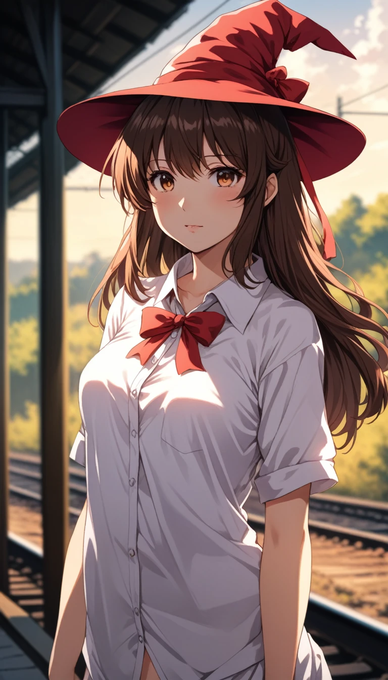masterpiece, best quality, highres, 4k, 8k, intricate detail, cinematic lighting, amazing quality, amazing shading, soft lighting, Detailed Illustration, anime style, wallpaper,1girl, naked_shirt,,touhou, hakurei_reimu, 1girl, brown_eyes, brown_hair, long_hair, hair_bow, hair_tubes, frilled_hair_tubes, hat, witch_hat,,by the railway,blur background,background defocus