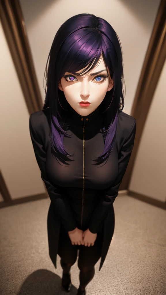 1girl, full body shot, white background, black hair with red tips, heterochromia eyes blue and purple, arrogant expression, long black coat, (best quality,4k,8k,highres,masterpiece:1.2),ultra-detailed,(realistic,photorealistic,photo-realistic:1.37),extremely detailed eyes and face, beautiful detailed eyes, beautiful detailed lips, longeyelashes, cinematic lighting, dramatic color palette, moody atmosphere