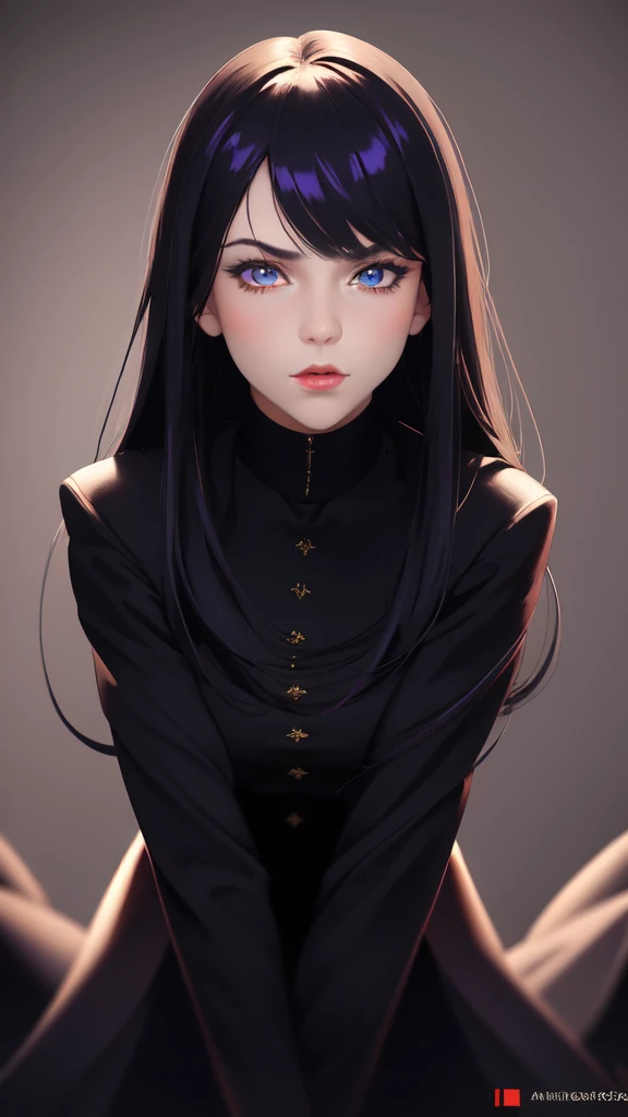 1girl, full body shot, white background, black hair with red tips, heterochromia eyes blue and purple, arrogant expression, long black coat, (best quality,4k,8k,highres,masterpiece:1.2),ultra-detailed,(realistic,photorealistic,photo-realistic:1.37),extremely detailed eyes and face, beautiful detailed eyes, beautiful detailed lips, longeyelashes, cinematic lighting, dramatic color palette, moody atmosphere