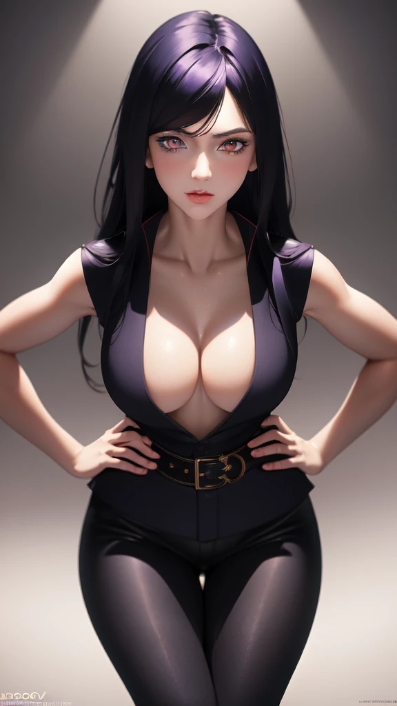 1girl, full body shot, white background, black hair with red tips, heterochromia eyes blue and purple, arrogant expression, long black coat, (best quality,4k,8k,highres,masterpiece:1.2),ultra-detailed,(realistic,photorealistic,photo-realistic:1.37),extremely detailed eyes and face, beautiful detailed eyes, beautiful detailed lips, longeyelashes, cinematic lighting, dramatic color palette, moody atmosphere