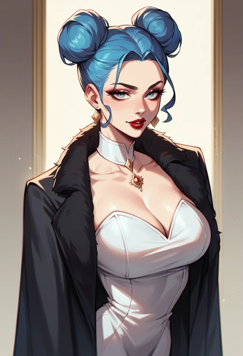 beautyfull white woman, blue buns hair, white dress, black luxurious coat, red lipstick, white chocker