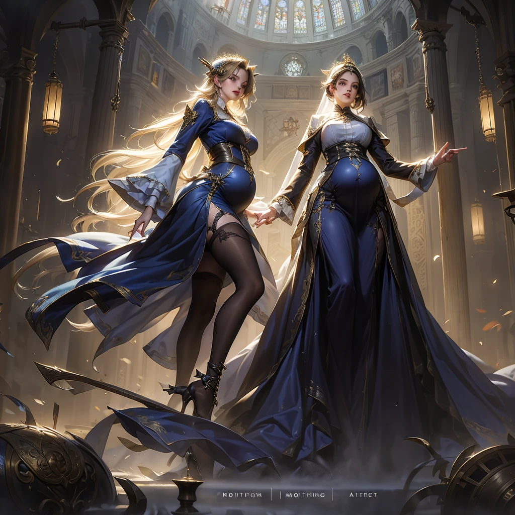 ((Highest quality)), ((masterpiece)), (detailed), Two Girls, long-skirt, high slid, (pregnant) , nun, priest costume,( huge belly) , lace-up costume, high heels, knee high tights, orgasm face, multiple girls, skinny girls, (small hip) , see-through costume,lace-up corset, Belly protruding forward, walking, monastery, sweat, Wet, steam punk, pain