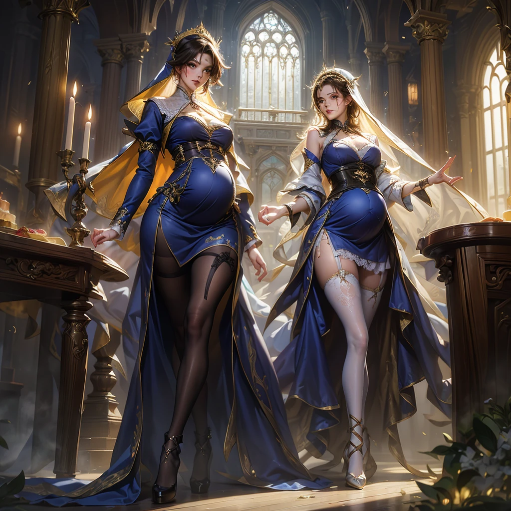 ((Highest quality)), ((masterpiece)), (detailed), Two Girls, long-skirt, high slid, (pregnant) , nun, priest costume,( huge belly) , lace-up costume, high heels, knee high tights, orgasm face, multiple girls, skinny girls, (small hip) , see-through costume,lace-up corset, Belly protruding forward, walking, monastery, sweat, Wet, steam punk, pain