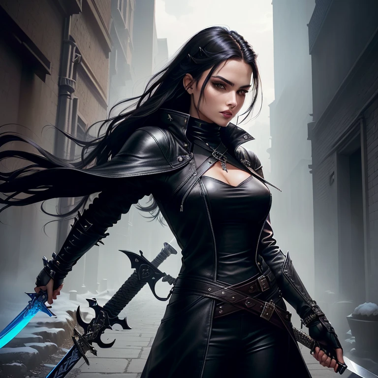 Valentina Costello is a princess. She has red eyes. She has medium length wavy brown hair. She is very modest but very beautiful. She is a warrior but very mysterious. She wears all black attire with knife holsters. She is an assassin princess. Her clothes cover most of her body very well. She likes knives.