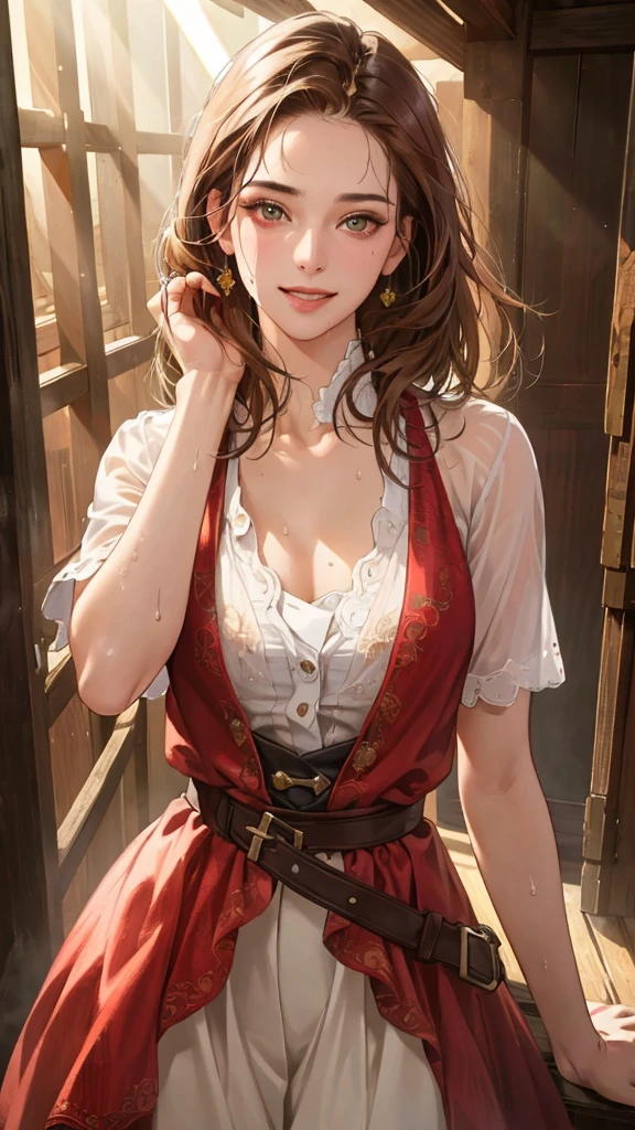 ((((masterpiece, best quality, high resolution)))), Extremely detailed 8K, 1 female, wearing a worn out cowboy outfit, (Ultra HD, Ultra-detailed, Highly detailed, Highly realistic, Ultra-realistic, photograph realistic), (1girl:1.5), (Realistic brown hair), (dynamic poses), facing at camera, looking at viewer, (smiling face), (hazel eyes, sharp eyes), (perky breasts:1.2), (beautiful detailed face, beautiful detailed eyes), sweat, glow, (sunbeam, sunlight), western scene, seductive, EnvyBetterHands LoCon,