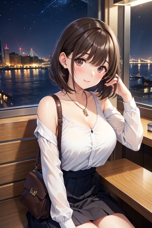 anegasaki nene、Shiny brown hair, short hair, (Beautiful brown eyes、Sparkling eyes, Fine grain)、smile、Ultra-detailed eyes、Highly detailed face, Highly detailed eyes,


High-resolution images, Atmospheric perspective, 8k, Super Detail, Accurate, Highest quality, Angle from below the table,
 woman, Droopy eyes, Sleepy face, blush, In the city, busy, skyscraper, skirt, Shoulder bag, necklace, restaurant with big windows, Take a seat, (Other customers), Night view, You can see the view of the harbor from the window, food, Put your hair up,