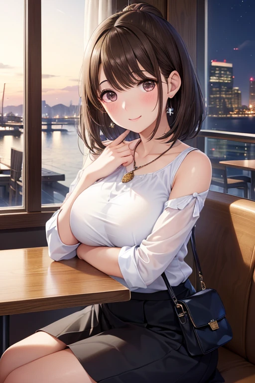 anegasaki nene、Shiny brown hair, short hair, (Beautiful brown eyes、Sparkling eyes, Fine grain)、smile、Ultra-detailed eyes、Highly detailed face, Highly detailed eyes,


High-resolution images, Atmospheric perspective, 8k, Super Detail, Accurate, Highest quality, Angle from below the table,
 woman, Droopy eyes, Sleepy face, blush, In the city, busy, skyscraper, skirt, Shoulder bag, necklace, restaurant with big windows, Take a seat, (Other customers), Night view, You can see the view of the harbor from the window, food, Put your hair up,