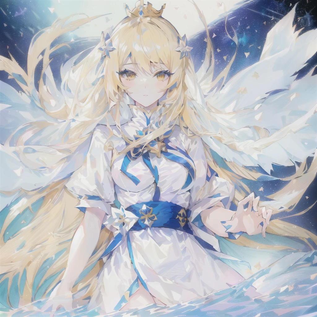 Anime girl with long blonde hair and a crown in the water., anime goddess, blonde anime girl with long hair, Princess de pelo rubio, Ayaka Genshin Impact, ((a beautiful fantasy empress)), anime style like destiny/Overnight stay, from the video game azur lane, Princess &#39;music&#39; musicdagash, blue lane style, Artoria Pendragon