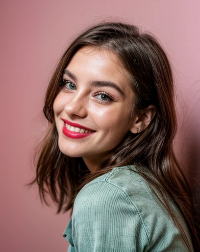 Gorgeous beautiful and sexy European brunette with light green eyes, Age 22,
short shorts, profile photo, light red lipstick, beautiful smile