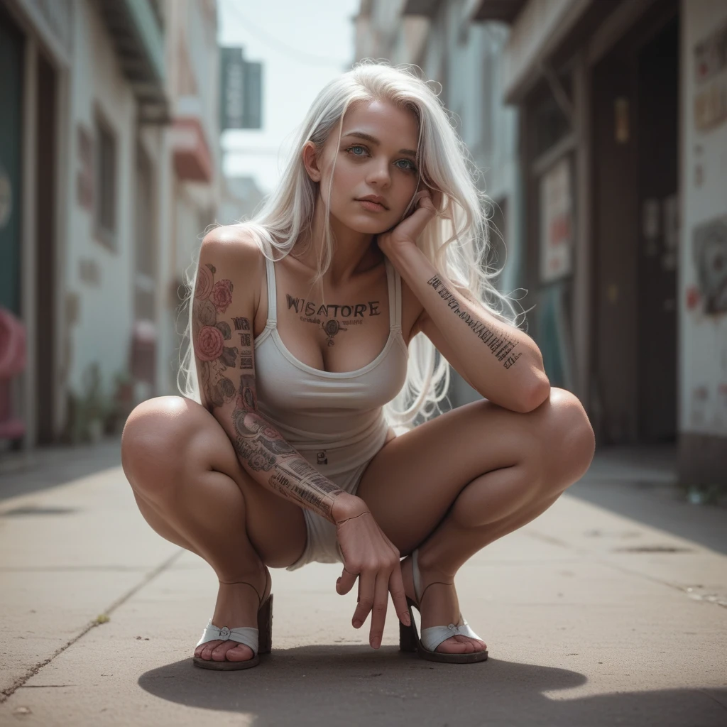 ((masterpiece)), ((best quality)), (detailed), perfect, solo, breast, , sexy, doll joints, white hair, eye lines, squatting, futanari, pinkiepie's hair, tatto, tanned