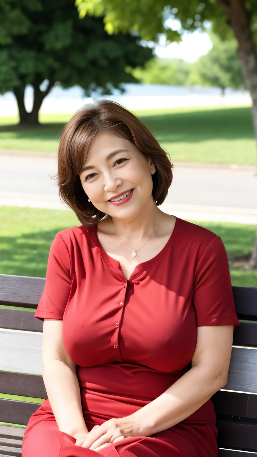 sitting on a park bench, Wrinkles around the eyes, Smiling with teeth showing, Plain short-sleeved clothing, senior citizen, Draw lips correctly, Red lipstick, No discomfort, 16K, Highest quality, Very detailed, Realistic, Very detailed肌, Japanese, alone, 60 years old, Large Breasts, , Glamour, sexy, , Staring straight ahead,