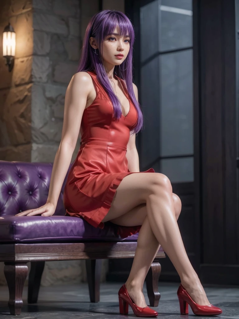 Ayane, cabelo roxo, (best qualityer, ultra detali), (realisitic:1.37), beautiful and detailed face, ultra-realisitic texture, 精致的面容, Delicate body, red lipgloss stick, long-lasting colors. High definition, 8k.