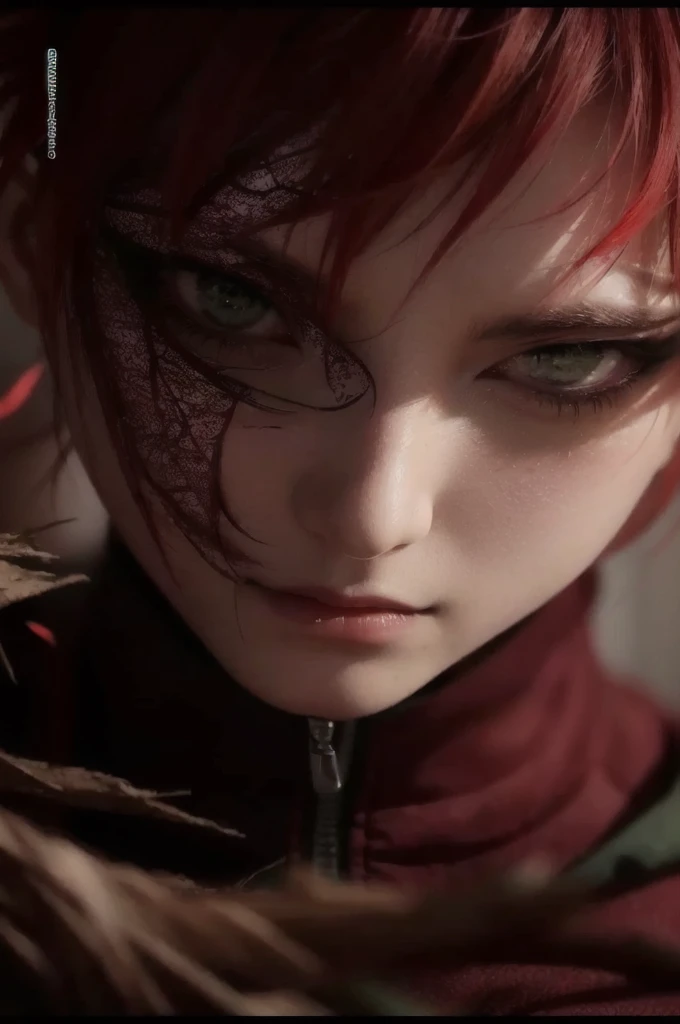 anime character with red hair and green eyes with chinese writing,anime character with red hair and green eyes and a pot, joker as naruto, inspired by Kamisaka Sekka, gaara from naruto, garra from naruto, from naruto, realistic, realistic art style, anime realism style, male anime style, beautiful detailed glow, realistic