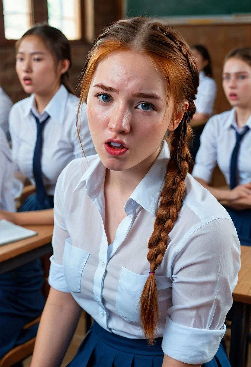 a beautiful young woman, 22 years old in ,  shirt unbuttoned, short blue skirt, having passionate missionary  in a crowded classroom, open mouth moaning, sensual facial expression, guilty expression, skin imperfections, acne, chapped lips, sad wistful look,Red head twin braids, vaginal penetration, classroom background, people in background, detailed , high quality, ultra detailed, cinematic lighting, photorealistic, intricate details, dramatic lighting, chiaroscuro, complex background, detailed environment
