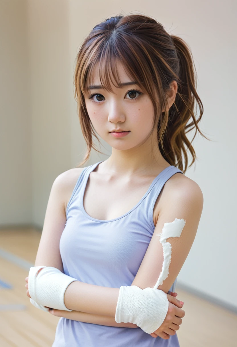 Girl with injured right arm,His right arm is in a cast from wrist to elbow,Sine,Fixtures,Plaster bandage,Fiberglass cast,Japanese Girl,high school girl,School gym clothes,The entire area from the elbow to the wrist is covered in a cast.,Her hair color is brown.