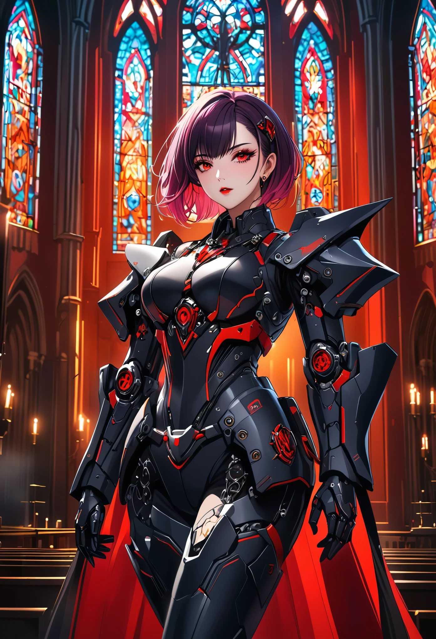a portrait of mecha female vampire in a dark gothic cyberpunk church, an exotic exquisite beautiful mecha female vampire, dynamic hair color, short hair, dynamic eyes color, intense eyes,  glowing eyes, dynamic eyes color, wearing intricate mech armor, delicate mech armor, delicate blood veins in the armor, wearing thigh high heeled boots, dark gothic cyberpunk church background, vibrant, Ultra-high resolution, High Contrast, (masterpiece:1.5), highest quality, Best aesthetics), best details, best quality, highres, 16k, (ultra detailed: 1.5), masterpiece, best quality, (extremely detailed) RAW, (ultra details, Masterpiece, best quality), Dark Art Painting Style, nijimecha