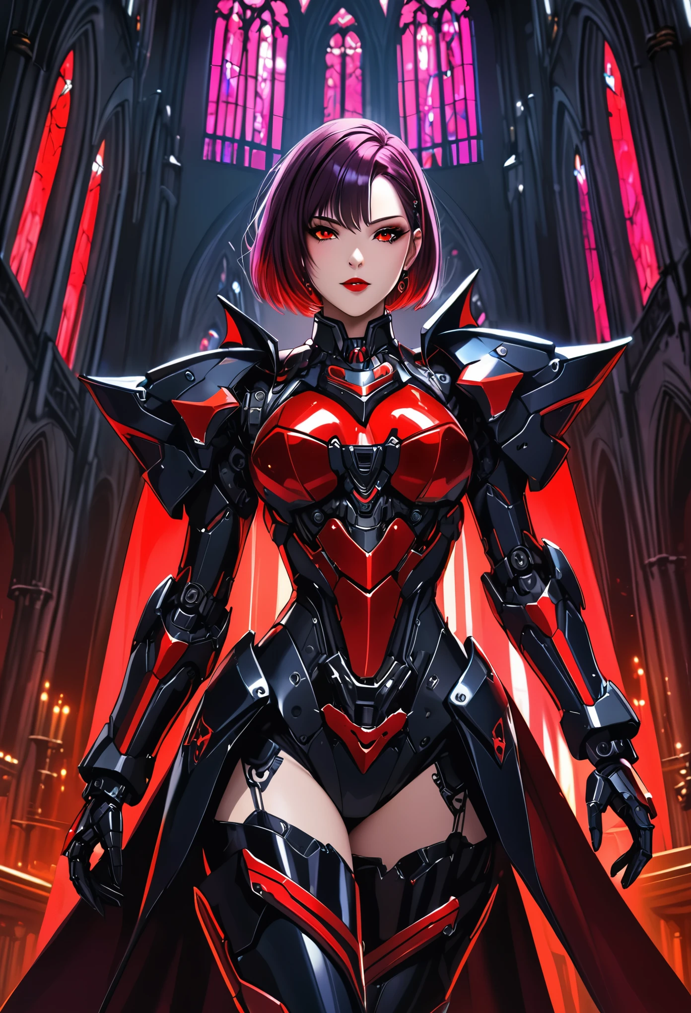 a portrait of mecha female vampire in a dark gothic cyberpunk church, an exotic exquisite beautiful mecha female vampire, dynamic hair color, short hair, dynamic eyes color, intense eyes, glowing eyes, dynamic eyes color, wearing intricate mech armor, delicate mech armor, delicate blood veins in the armor, wearing thigh high heeled boots, dark gothic cyberpunk church background, vibrant, Ultra-high resolution, High Contrast, (masterpiece:1.5), highest quality, Best aesthetics), best details, best quality, highres, 16k, (ultra detailed: 1.5), masterpiece, best quality, (extremely detailed) RAW, (ultra details, Masterpiece, best quality), Dark Art Painting Style, nijimecha