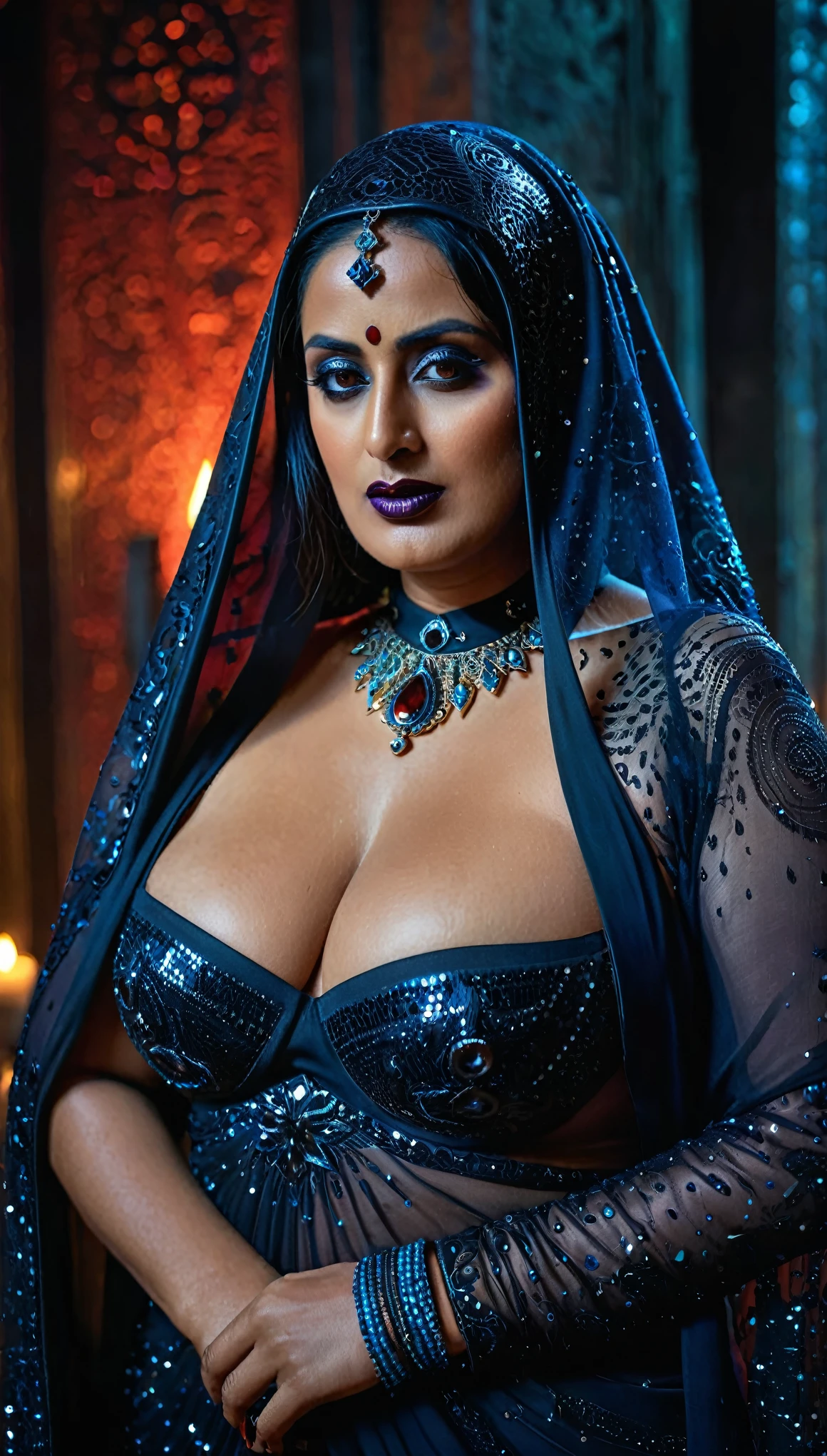 Looks like Mahie Gill, full body Closeup shot, Big chubby aunty, milf, cougar lady witch, horny Gothic milf, evil mommy, naughty evil woman, satan woman, 70 years old gorgeous mature lady, pervert demoness, demoness of lust, curvy, black lips, horny face, extremely gorgeous, thick figure, heavy physique, voluptuous, curvy, sexy figure, Fashionable portrait of androgynous alien looking witch wearing veil, glowing eyes, futuristic design, minimal details, givenchy, photoreal, 200mm, hd, f/ 2.0, highly detailed, surreal, sexy beautiful evil woman, sexy bold sequin Saree with strapless Bra, chudail, Pishachini, horror genre, blood-thirsty enchantress, powerful female spirit, eerie, drop dead, in the style of red and blue, (intricate details, hyperdetailed:1.15) (skin texture:1.2), dark Moody tone, cinematic lighting, haunted place in background,