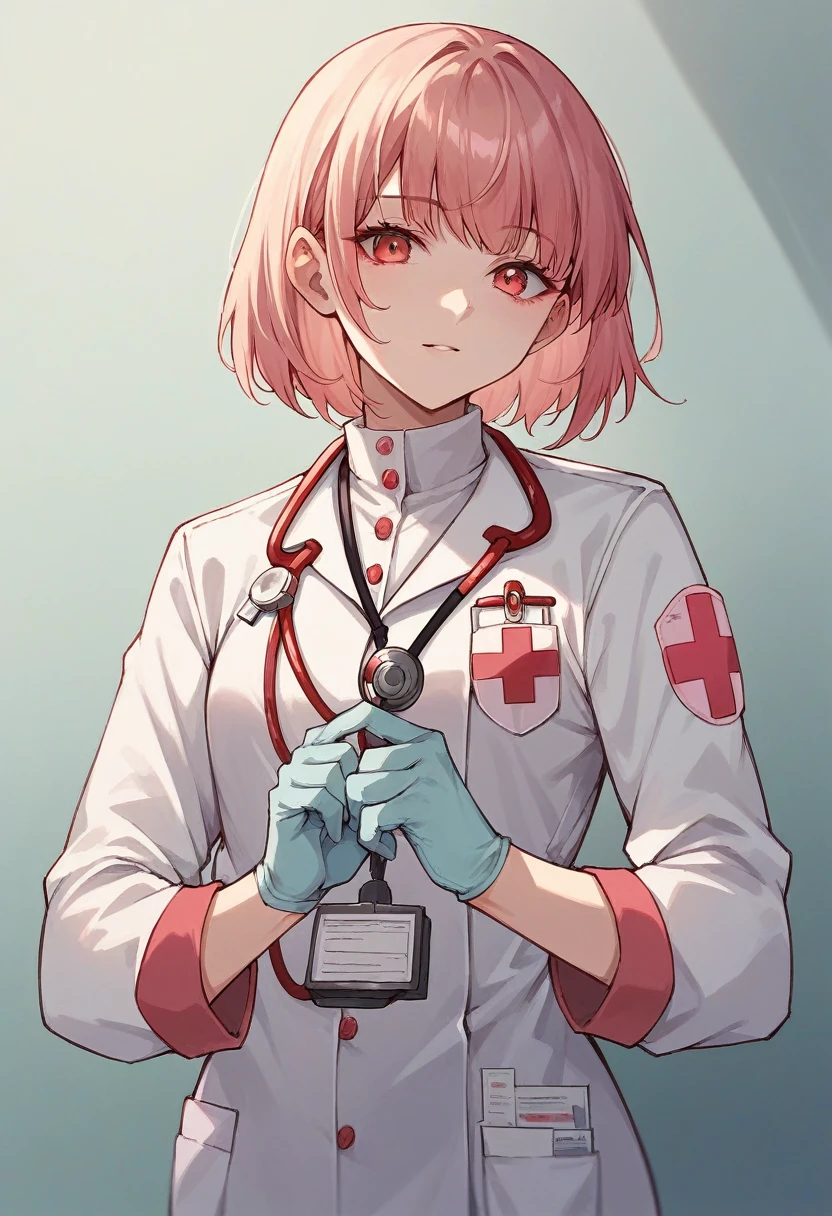 1girl, bangs, ((pink medical gloves)), ((((long sleeves)))), looking at viewer, ((red doctor outfit)), standing, solo