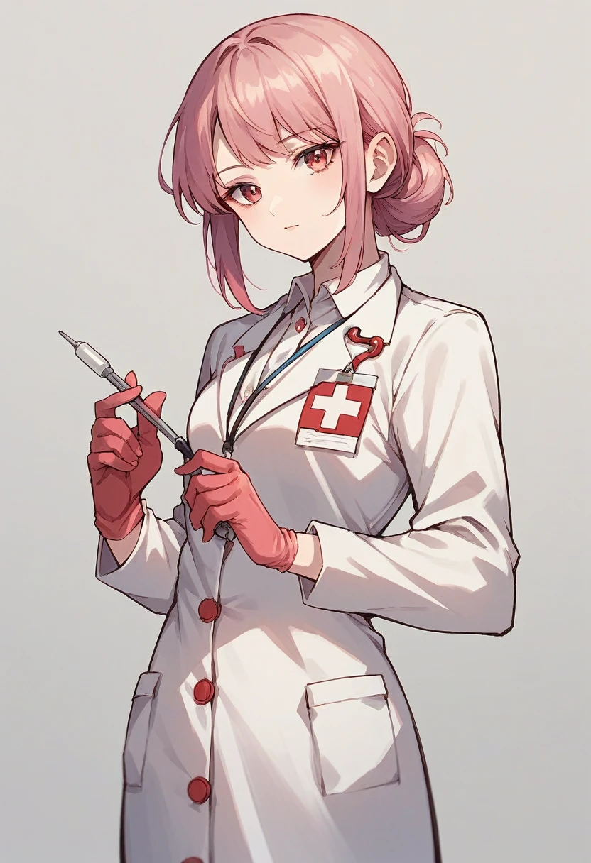 1girl, bangs, ((pink medical gloves)), ((((long sleeves)))), looking at viewer, ((red doctor outfit)), standing, solo