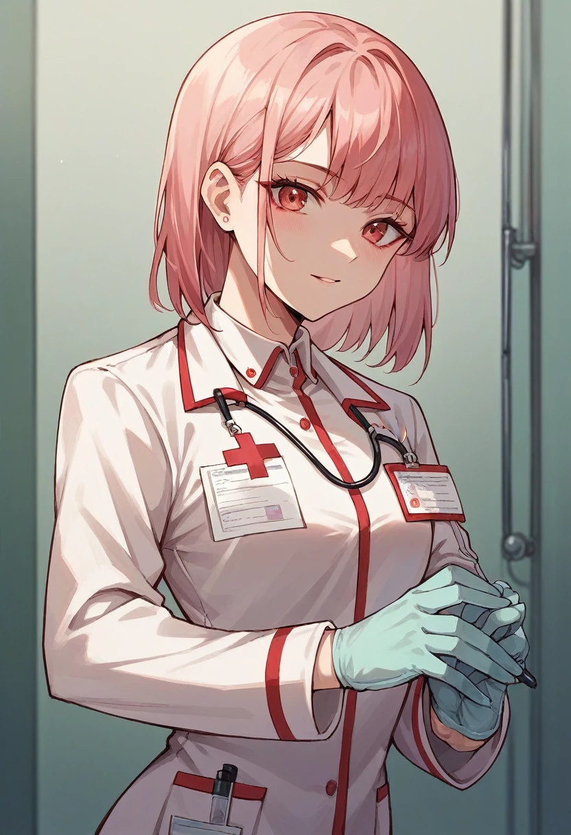1girl, bangs, ((pink medical gloves)), ((((long sleeves)))), looking at viewer, ((red doctor outfit)), standing, solo