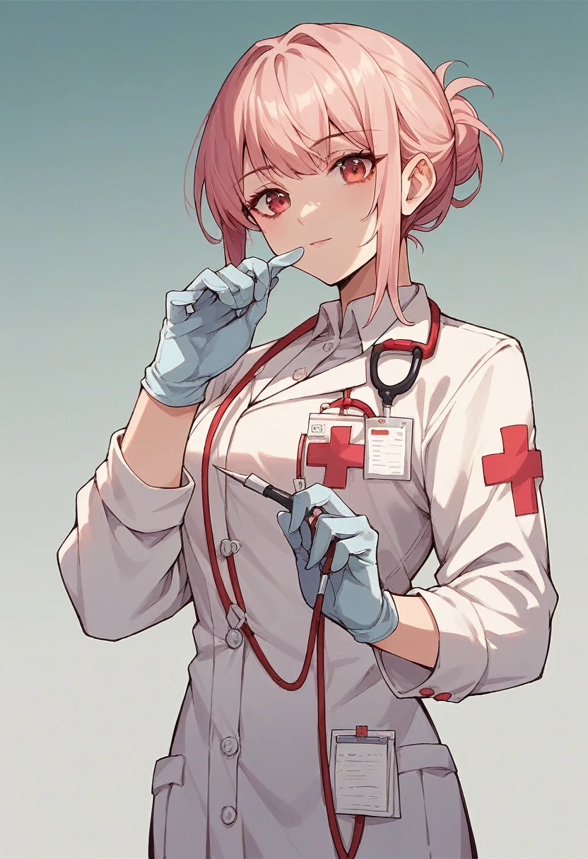 1girl, bangs, ((pink medical gloves)), ((((long sleeves)))), looking at viewer, ((red doctor outfit)), standing, solo