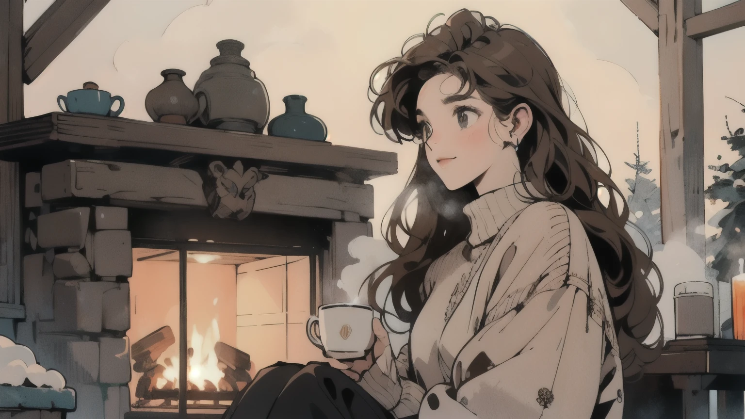 Create an image of a character with soft, wavy brown hair, wearing a cozy oversized sweater and holding a steaming cup of hot chocolate. The background should be a snowy landscape with a warm, glowing cabin in the distance. Include elements like snowflakes gently falling and a crackling fireplace to enhance the cozy winter atmosphere.