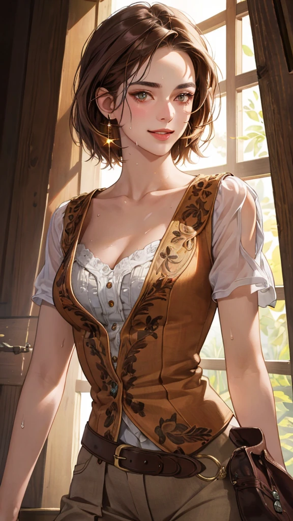 ((((masterpiece, best quality, high resolution)))), Extremely detailed 8K, 1 female, wearing a worn out cowboy outfit, (Ultra HD, Ultra-detailed, Highly detailed, Highly realistic, Ultra-realistic, photograph realistic), (1girl:1.5), (Realistic brown hair), (dynamic poses), facing at camera, looking at viewer, (smiling face), (hazel eyes, sharp eyes), (perky breasts:1.2), (beautiful detailed face, beautiful detailed eyes), sweat, glow, (sunbeam, sunlight), western scene, seductive, EnvyBetterHands LoCon,