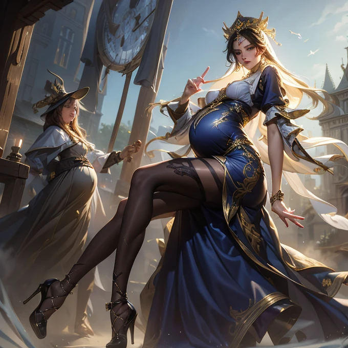 ((Highest quality)), ((masterpiece)), (detailed), Two Girls, long-skirt, high slid, (pregnant:1.2) , nun, priest costume,( huge belly) , lace-up costume, high heels, knee high tights, orgasm face, multiple girls, skinny girls, (small hip) , see-through costume,lace-up corset, Belly protruding forward, walking, monastery, sweat, Wet, steam punk, pain