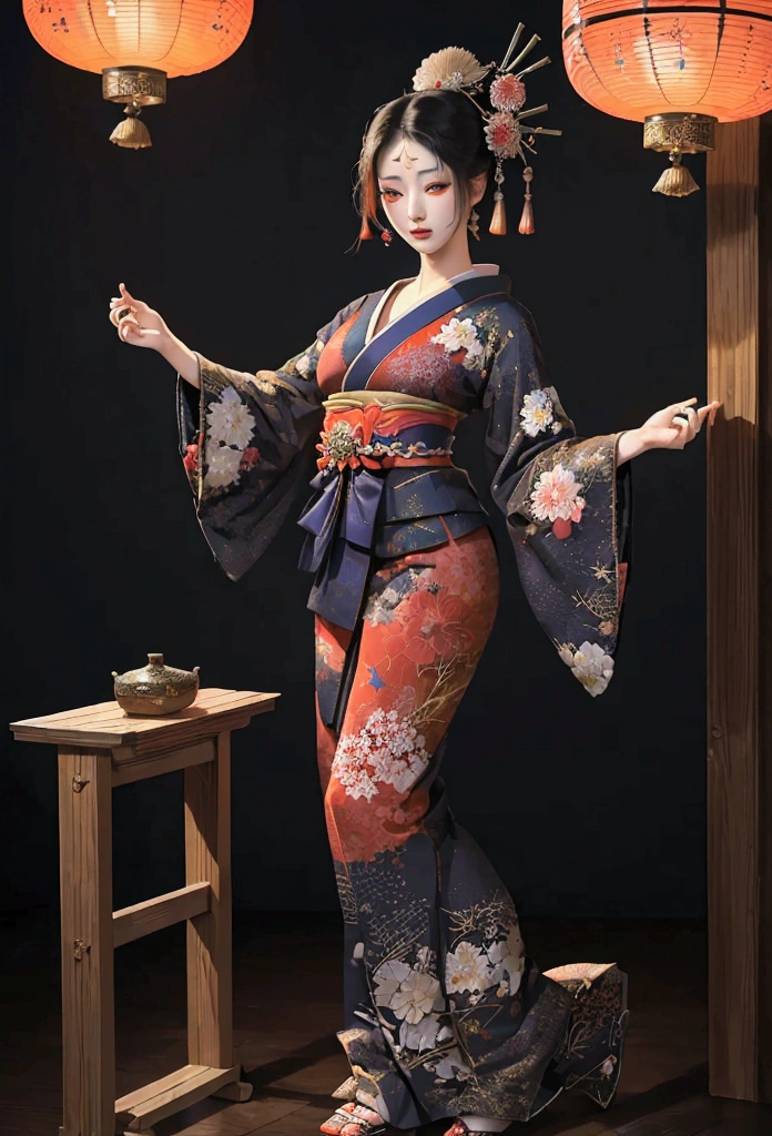 ((best quality)), ((​masterpiece)), (detailed), ((best quality)), ((​masterpiece)), (detailed), full body shot, beautieful ancient japanese Geisha, colorful clothes, painted face, dark ambience, geisha dancing flamenco,  japanese room design background