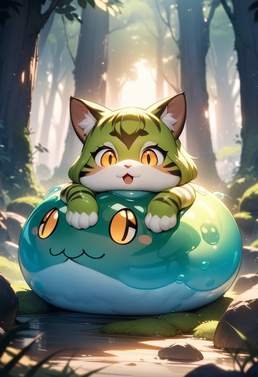 ((Masterpiece)), ((Best Quality)), (Very Detailed), ((Very Detailed)), 4K, (8K), very aesthetic, absurdres highres, 1 girl, (anthropomorphic cat, furry, kemono:1.5), A young, pretty girl stands in a forest at sunrise, surrounded by towering trees and moss-covered rocks. She looked surprised as a clear, viscous green slime fell from her head, covering her in slime. A soft orange light shines in from behind, and the slime reflects the light and shines. Morning mist drifts in, creating a calm atmosphere.