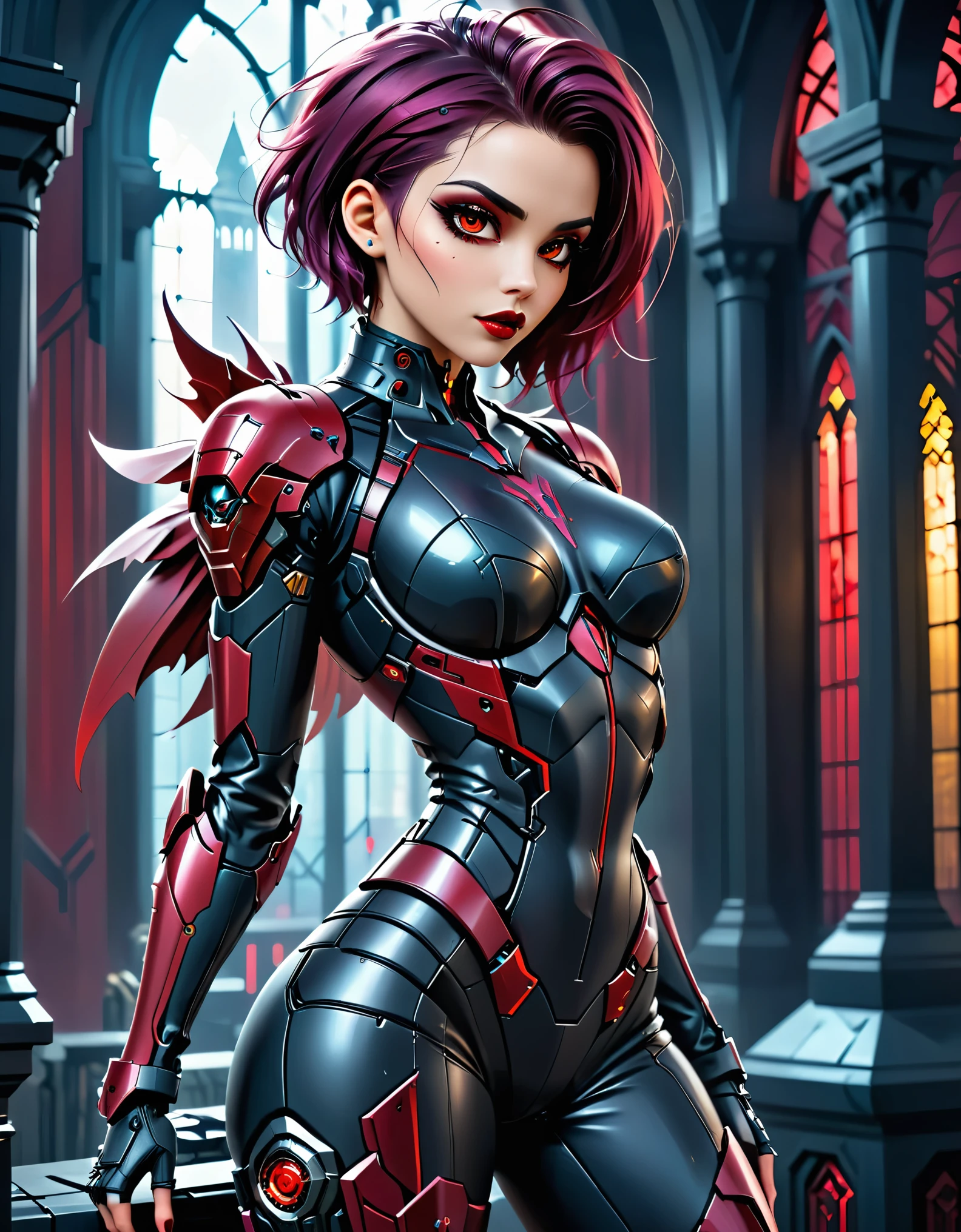 a portrait of mecha female vampire in a dark gothic cyberpunk church, an exotic exquisite beautiful mecha female vampire, dynamic hair color, short hair, dynamic eyes color, intense eyes, (vampire fangs),  glowing eyes, dynamic eyes color, wearing intricate mech armor, delicate mech armor, delicate blood veins in the armor, wearing thigh high heeled boots, dark gothic cyberpunk church background, vibrant, Ultra-high resolution, High Contrast, (masterpiece:1.5), highest quality, Best aesthetics), best details, best quality, highres, 16k, (ultra detailed: 1.5), masterpiece, best quality, (extremely detailed) RAW, (ultra details, Masterpiece, best quality), Cinematic Hollywood Film, Intense gaze, cg_darkscifi