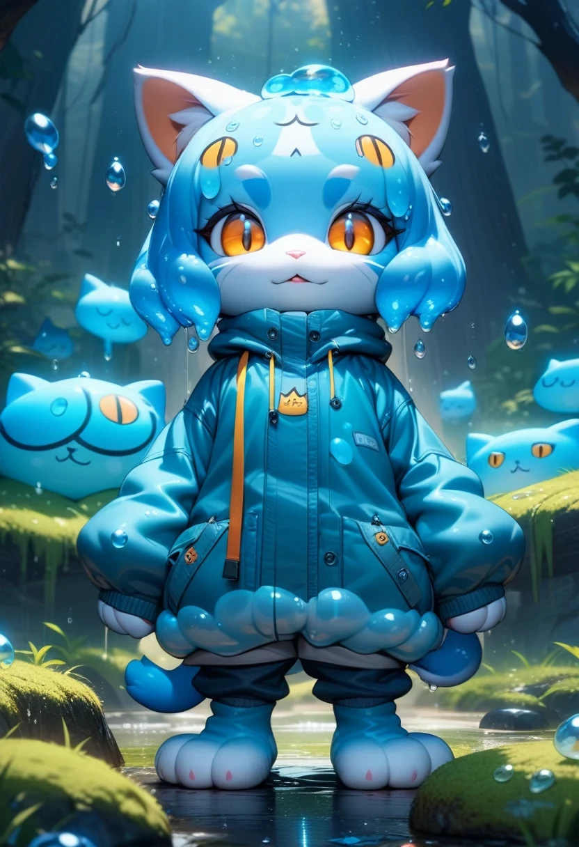 ((Masterpiece)), ((Best Quality)), (Very Detailed), ((Very Detailed)), 4K, (8K), very aesthetic, absurdres highres, 1 girl, (anthropomorphic cat, furry, kemono:1.5), A young, pretty girl stands on the ground surrounded by thick grass and moss-covered rocks in a damp atmosphere in the forest on a rainy day. She has a forlorn look on her face as clear, viscous blue slime falls from her head and is covered in slime. A cold blue light spreads throughout, and the slime reflects the raindrops. It's foggy and there's a lonely atmosphere.