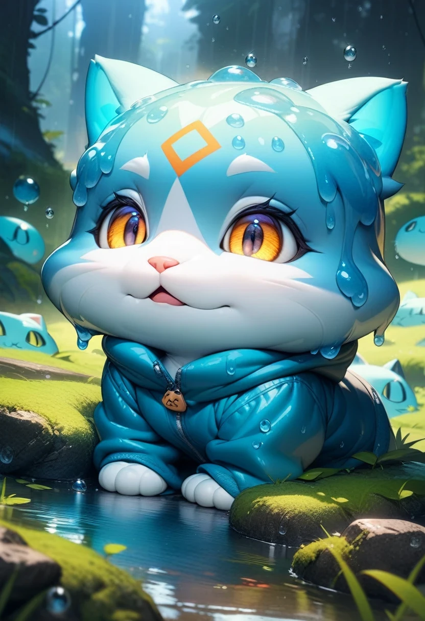 ((Masterpiece)), ((Best Quality)), (Very Detailed), ((Very Detailed)), 4K, (8K), very aesthetic, absurdres highres, 1 girl, (anthropomorphic cat, furry, kemono:1.5), A young, pretty girl stands on the ground surrounded by thick grass and moss-covered rocks in a damp atmosphere in the forest on a rainy day. She has a forlorn look on her face as clear, viscous blue slime falls from her head and is covered in slime. A cold blue light spreads throughout, and the slime reflects the raindrops. It's foggy and there's a lonely atmosphere.