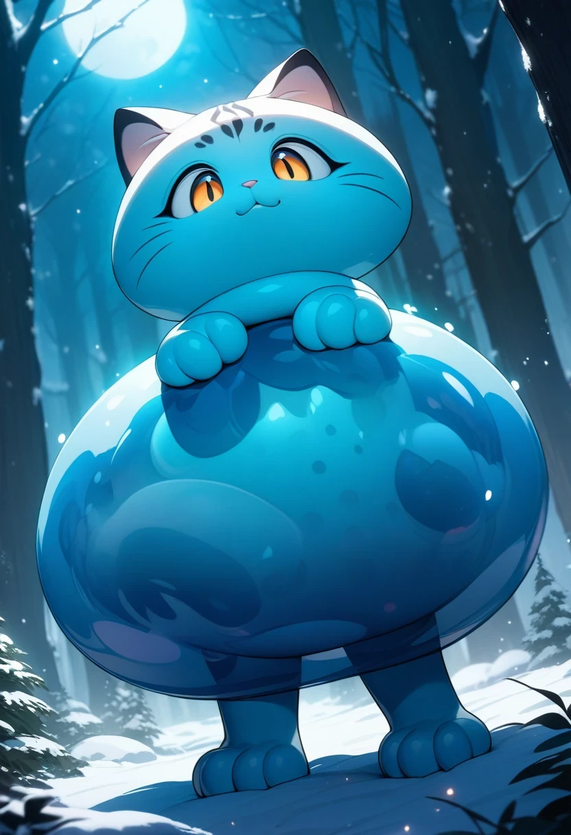 ((Masterpiece)), ((Best Quality)), (Very Detailed), ((Very Detailed)), 4K, (8K), very aesthetic, absurdres highres, 1 girl, (anthropomorphic cat, furry, kemono:1.5), A young, pretty girl stands in the forest on a winter night, surrounded by towering trees in the cold, snow-covered air. She looked surprised as transparent and viscous purple slime fell from her head, covering her in slime. The light from the full moon shines in from behind, and the slime shines as it reflects the light from the snow. There is a cold air and a quiet atmosphere