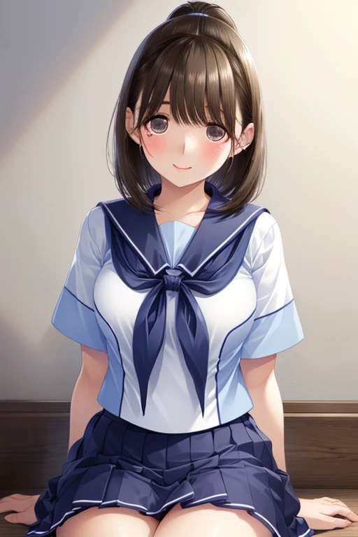 anegasaki nene、Shiny brown hair, short hair, (Beautiful brown eyes、Sparkling eyes, Fine grain)、smile、Ultra-detailed eyes、Highly detailed face, Highly detailed eyes,


Short-sleeved white sailor suit、Navy blue mini pleated skirt、Very short mini skirt、Bare thighs、

Highest quality,masterpiece, High resolution, 8k,  Detailed Background、Beautiful  girl、(1 female),Cute hairstyle、ponytail、Cute hair color、Perfect body、(Bright light blue pleated skirt)、Knee-high socks、Thick thighs、Sitting、sexual expression、Roll up your skirt to show your underwear、Panty shot、Panty shot